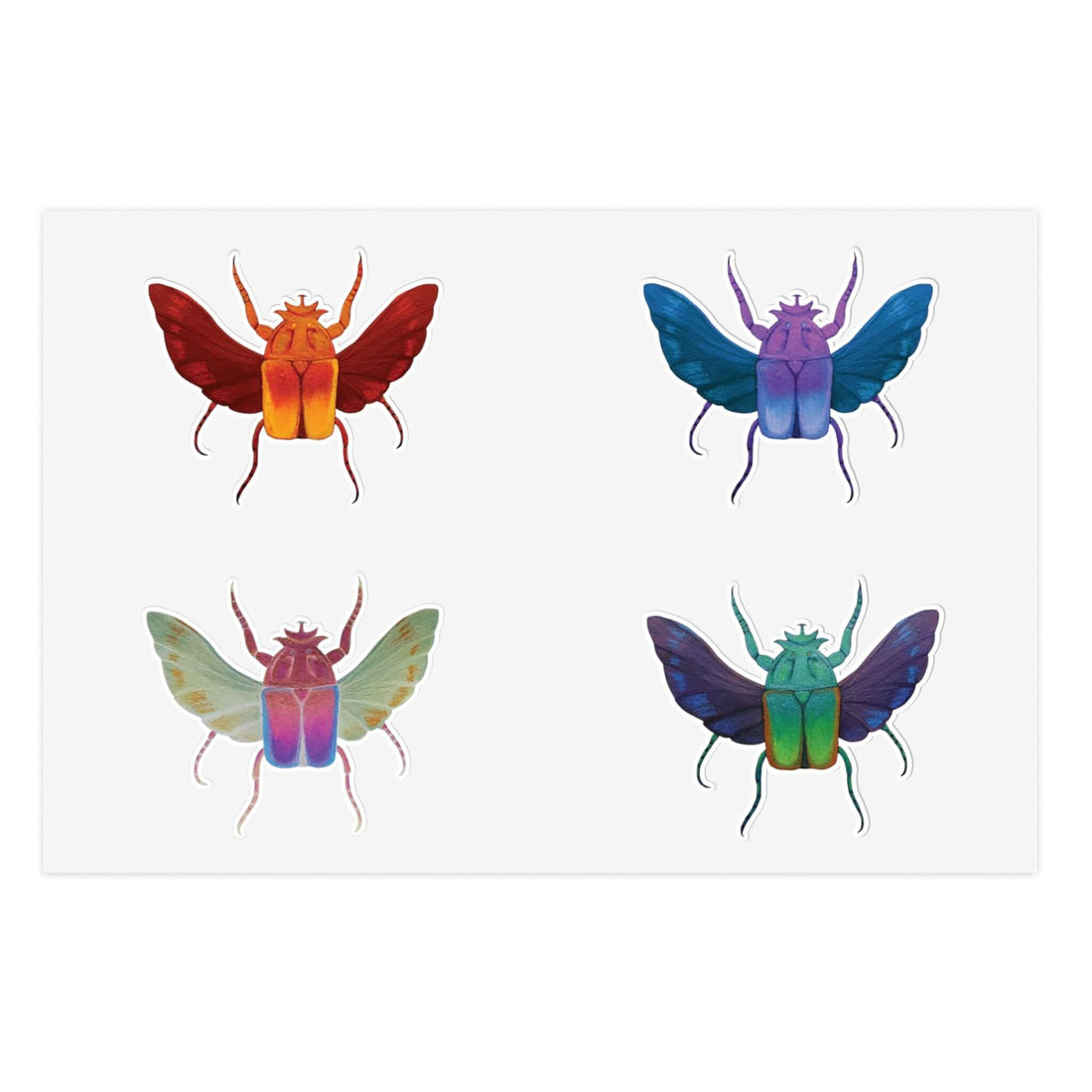 Square sticker sheet with four die-cut beetle insects in red, blue, green, and purple.