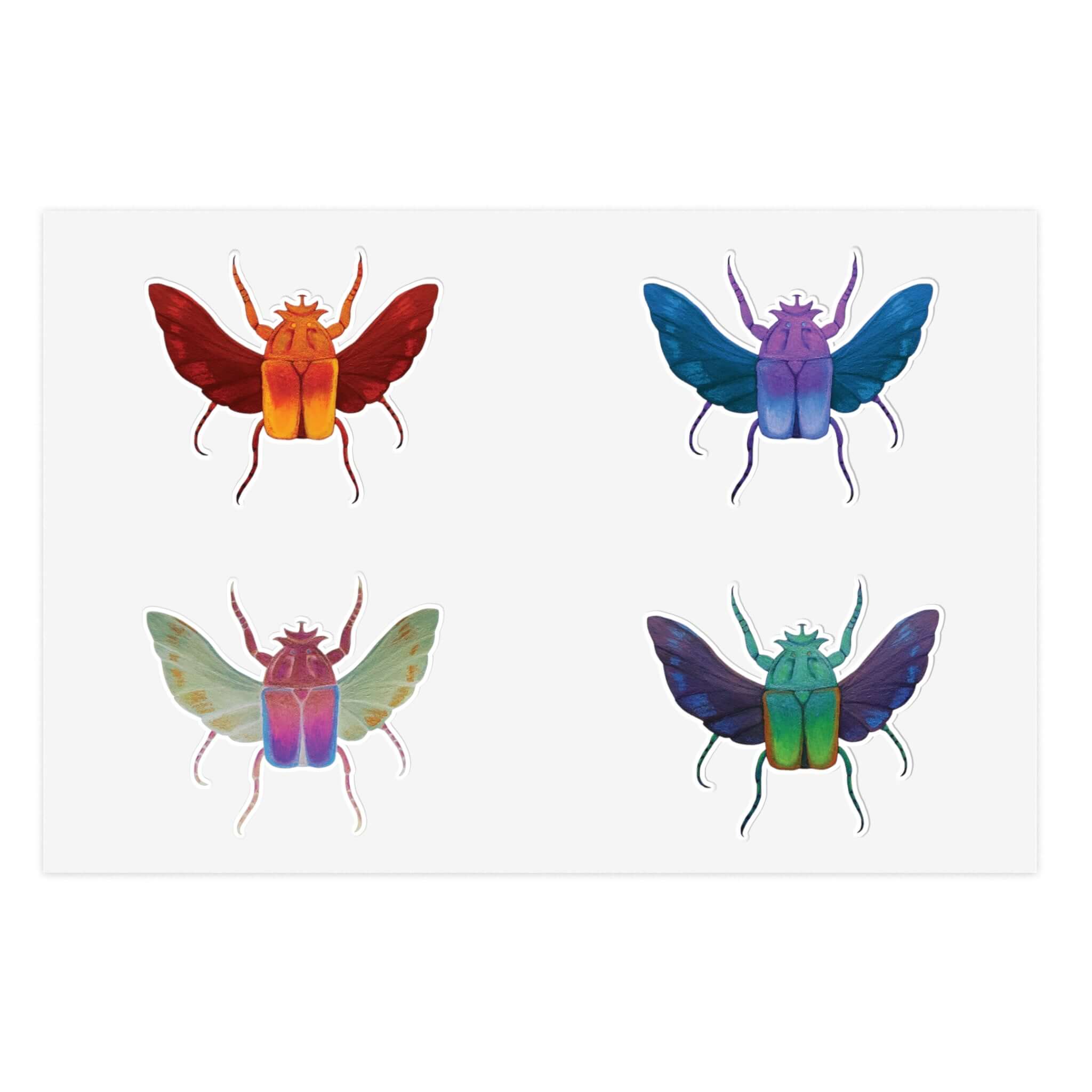 Square sticker sheet with four die-cut beetle insects in red, blue, green, and purple.