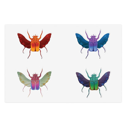 Square sticker sheet with four die-cut beetle insects in red, blue, green, and purple.