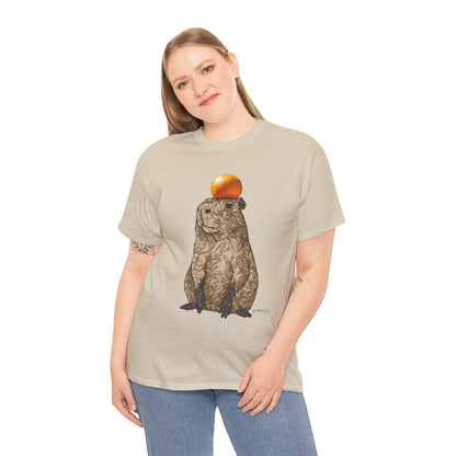 Unisex heavy cotton T-shirt in natural beige with capybara graphic centered