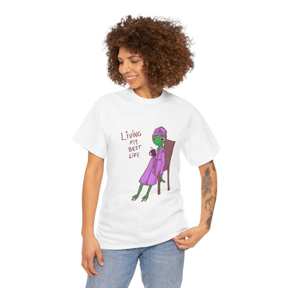 White graphic t-shirt with alien-girl character and &