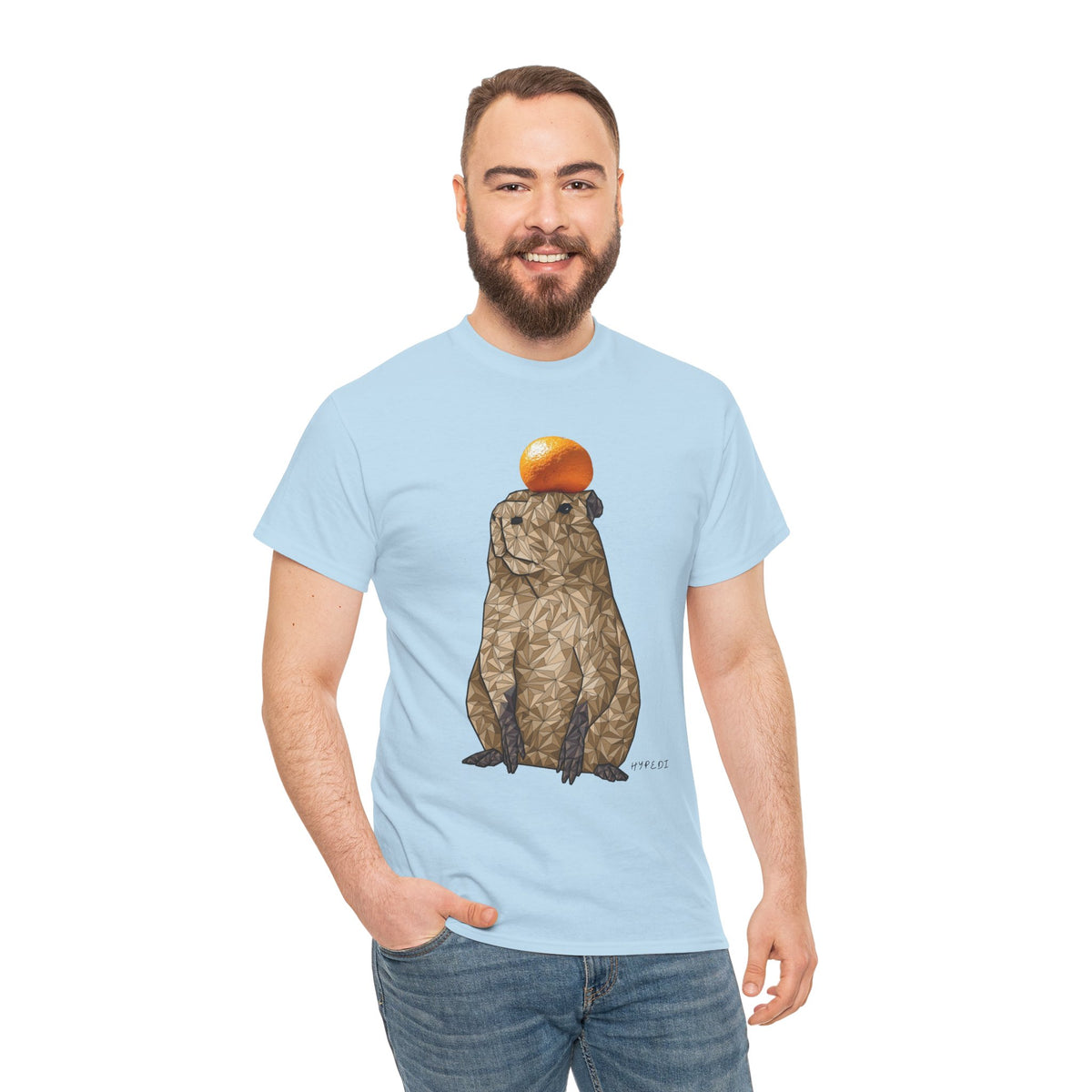 Unisex light blue T-shirt with geometric capybara illustration and orange top
