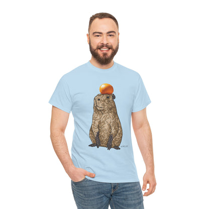 Unisex light blue T-shirt with geometric capybara illustration and orange top
