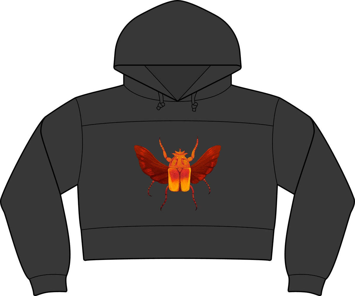 Cropped fleece hooded sweatshirt in charcoal, featuring insect graphic and front pocket.