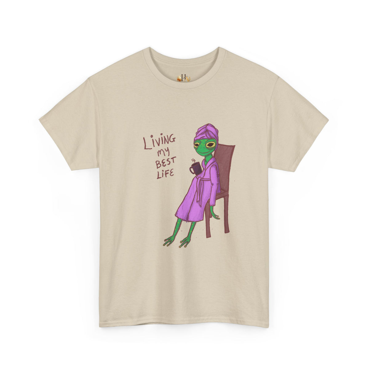 Natural/beige graphic t-shirt with purple alien-girl character and red &