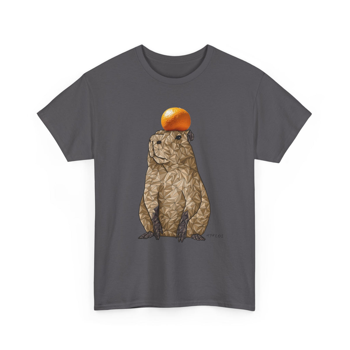 Charcoal unisex crewneck T-shirt with orange-capped capybara graphic