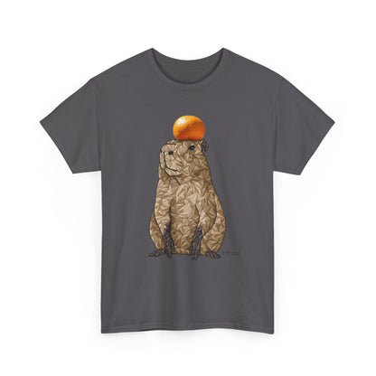 Charcoal unisex crewneck T-shirt with orange-capped capybara graphic