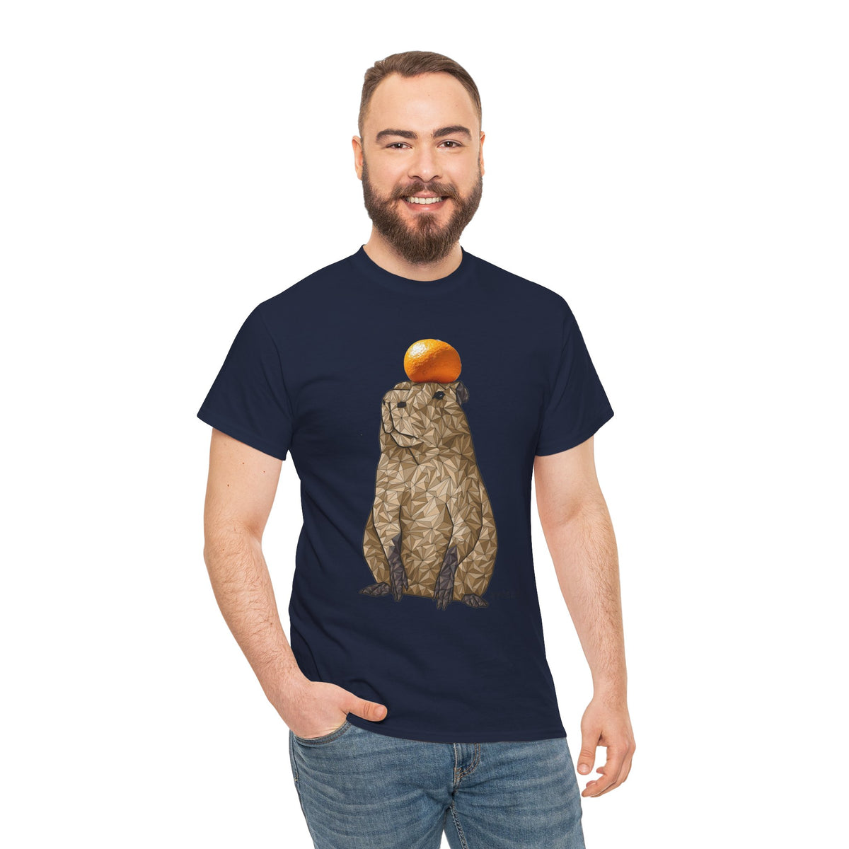Unisex heavy cotton T-shirt, navy blue, capybara graphic with orange on chest