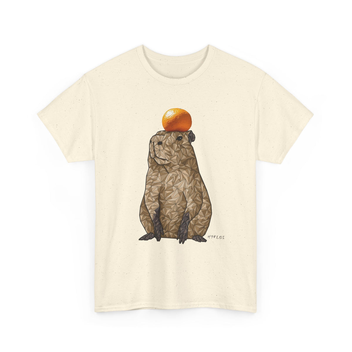 Unisex heavy cotton t-shirt, cream, capybara graphic with orange fruit