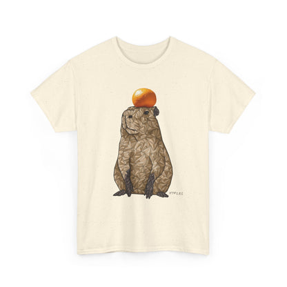 Unisex heavy cotton t-shirt, cream, capybara graphic with orange fruit