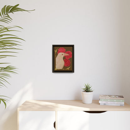Framed matte canvas wall art of a white bird with red peonies, dark frame