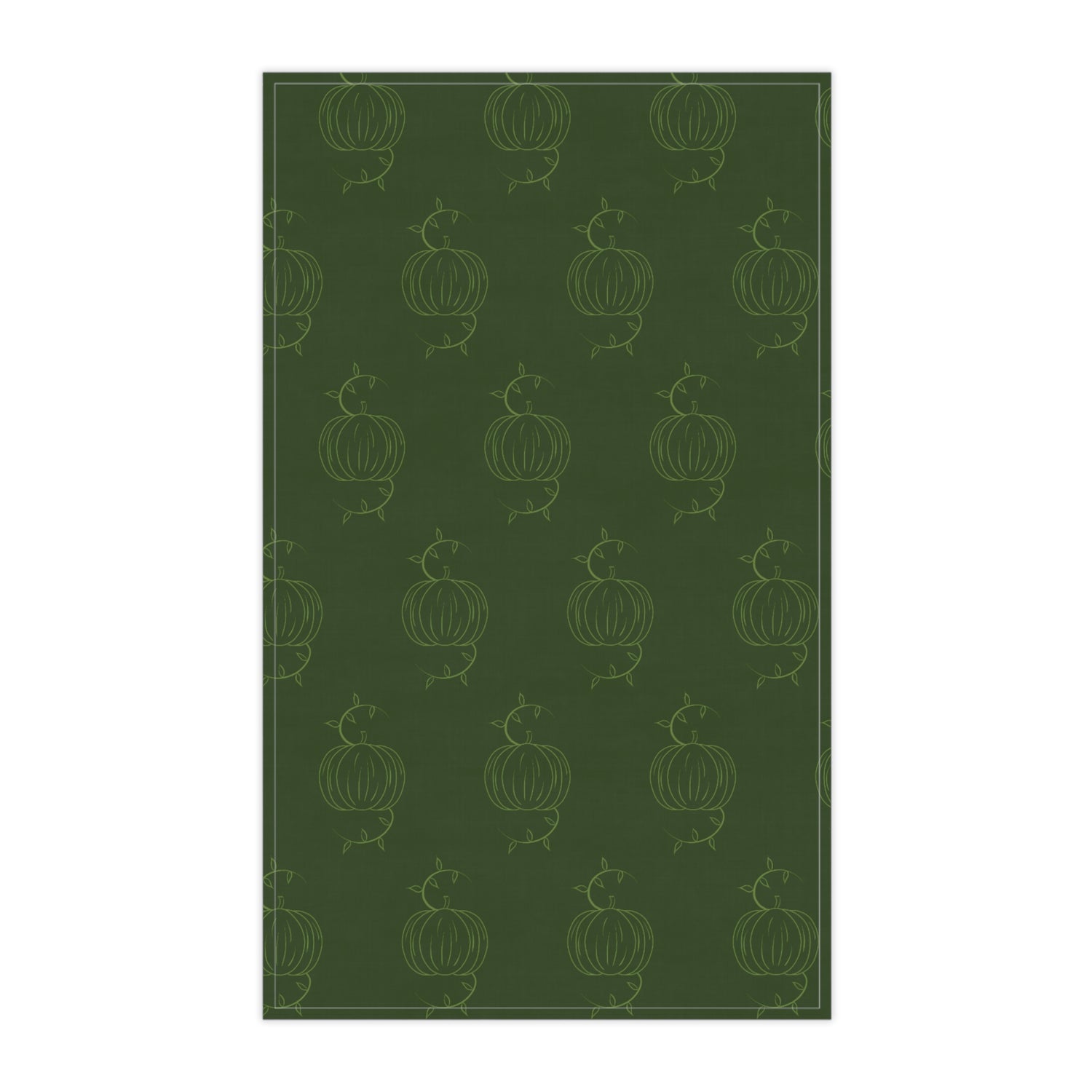Green tea towel with repeating pumpkin outlines, vertical rectangle view