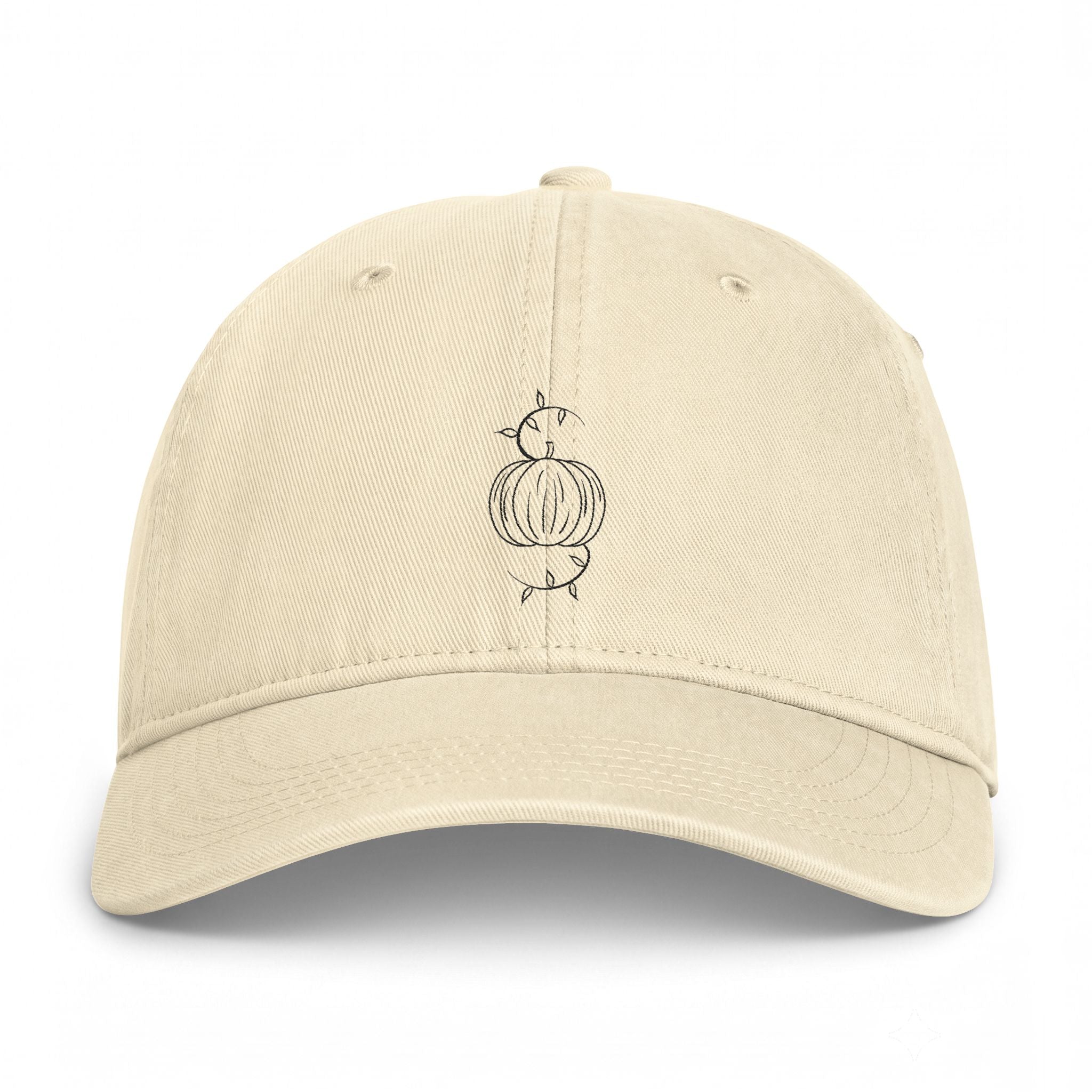 Ivory washed baseball cap with embroidered pumpkin graphic and eyelets
