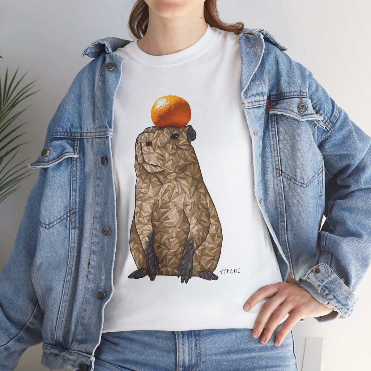 Unisex graphic T-shirt, white with capybara and orange top print