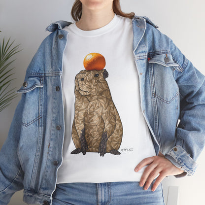 Unisex graphic T-shirt, white with capybara and orange top print