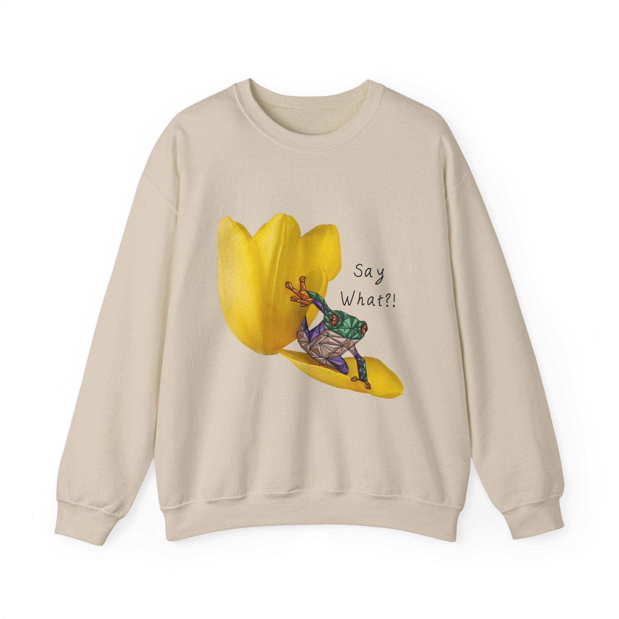Beige crewneck sweatshirt with yellow tulip frog graphic and “Say What?!” text