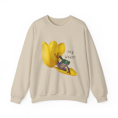 Beige crewneck sweatshirt with yellow tulip frog graphic and “Say What?!” text