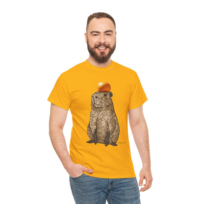 Unisex heavy cotton T-shirt, solid orange, capybara graphic centered on chest