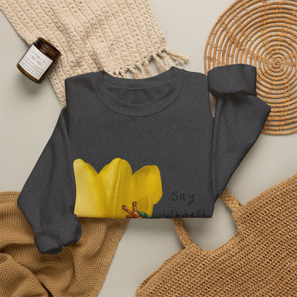 Dark heather gray crewneck sweatshirt laid flat with yellow tulip frog graphic