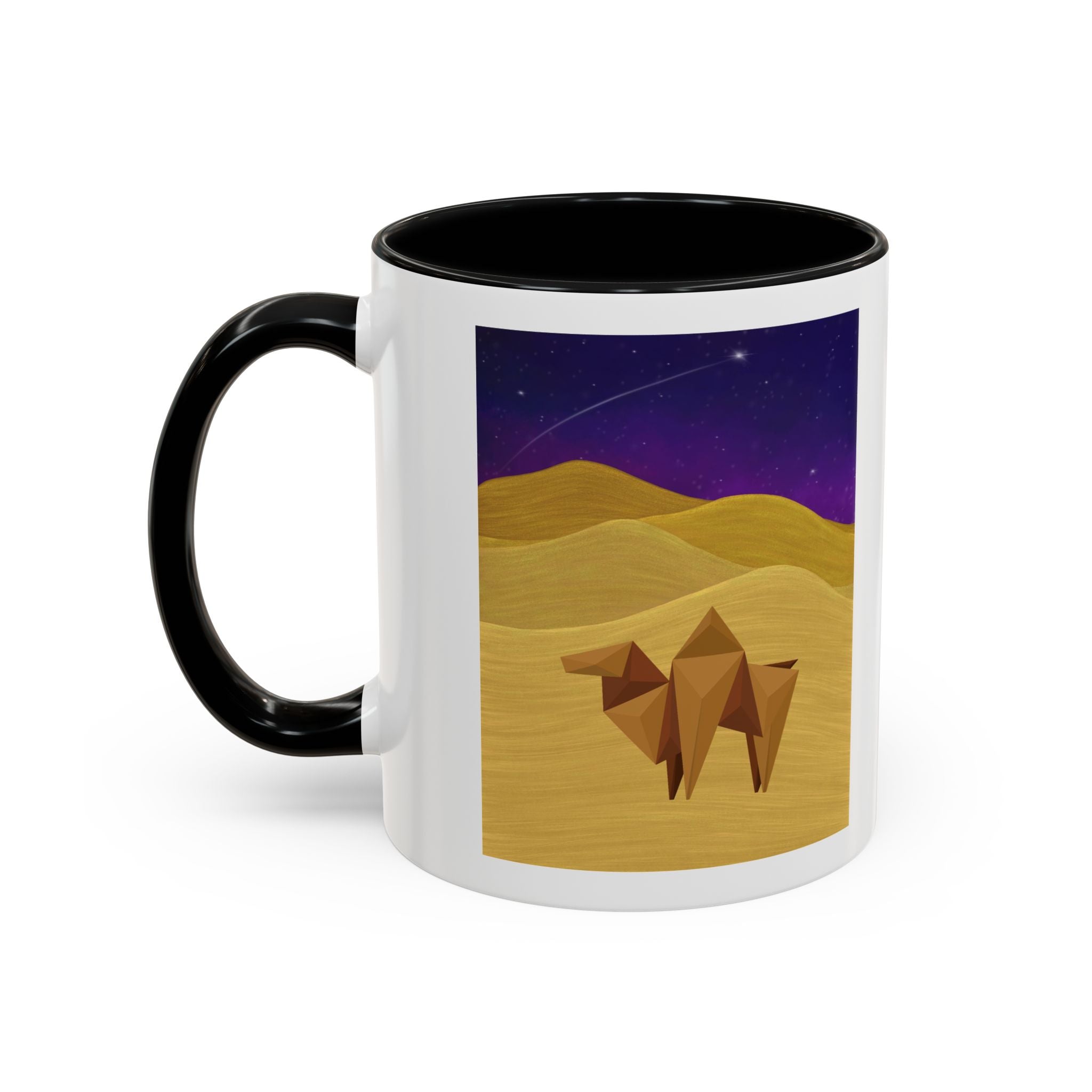 White coffee mug with black handle and rim; camel and desert night sky artwork