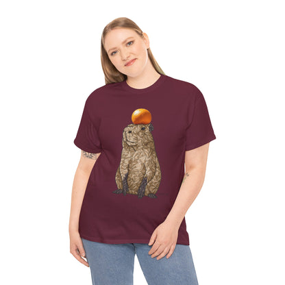 Unisex maroon crewneck t-shirt with centered polygon capybara and orange fruit graphic