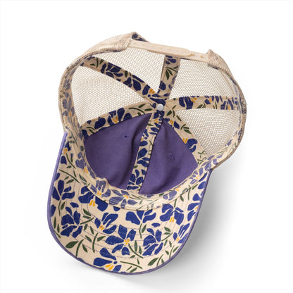Washed mesh-back cap with blue botanical print and purple underbrim