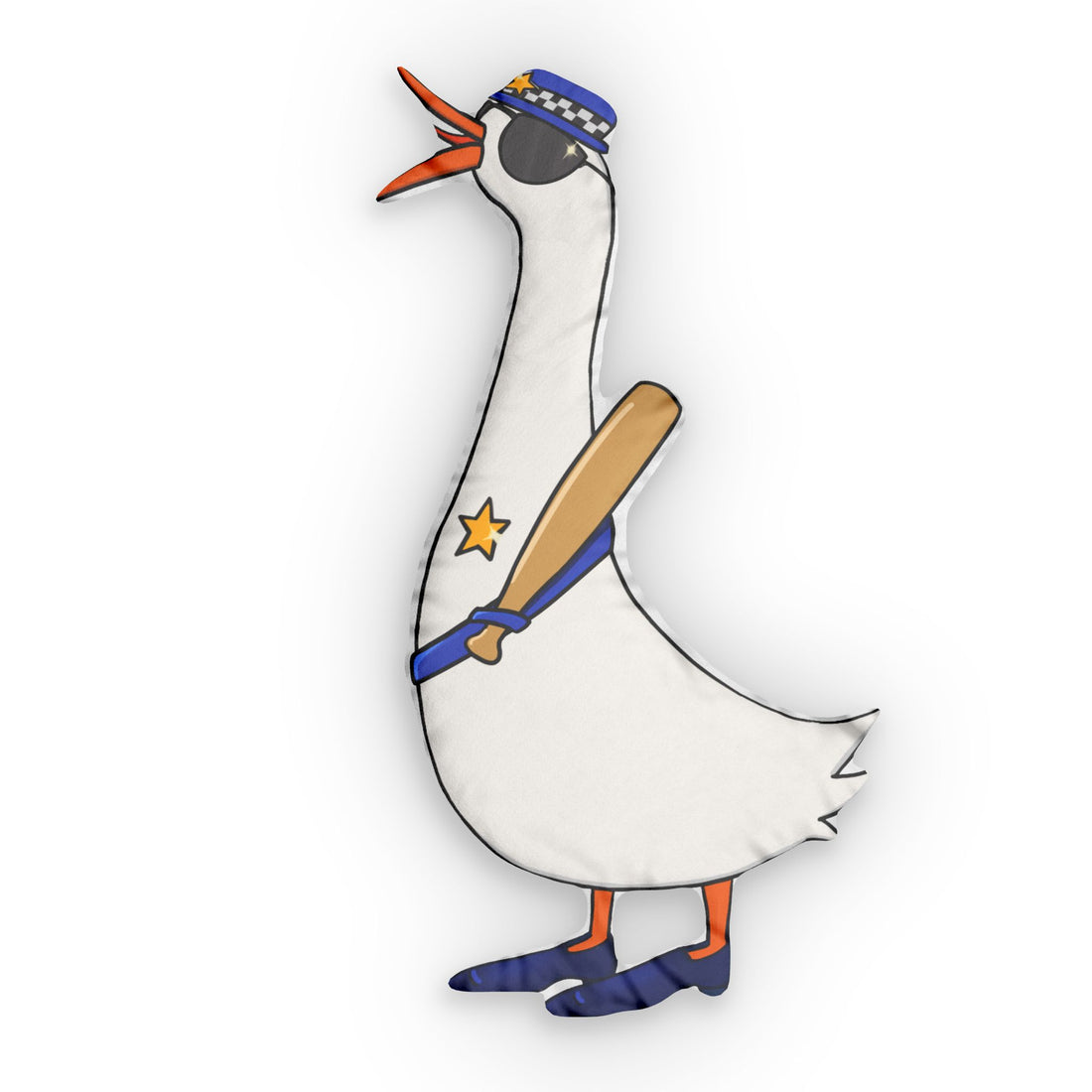 Decorative goose throw pillow with police hat and badge-style star on white body