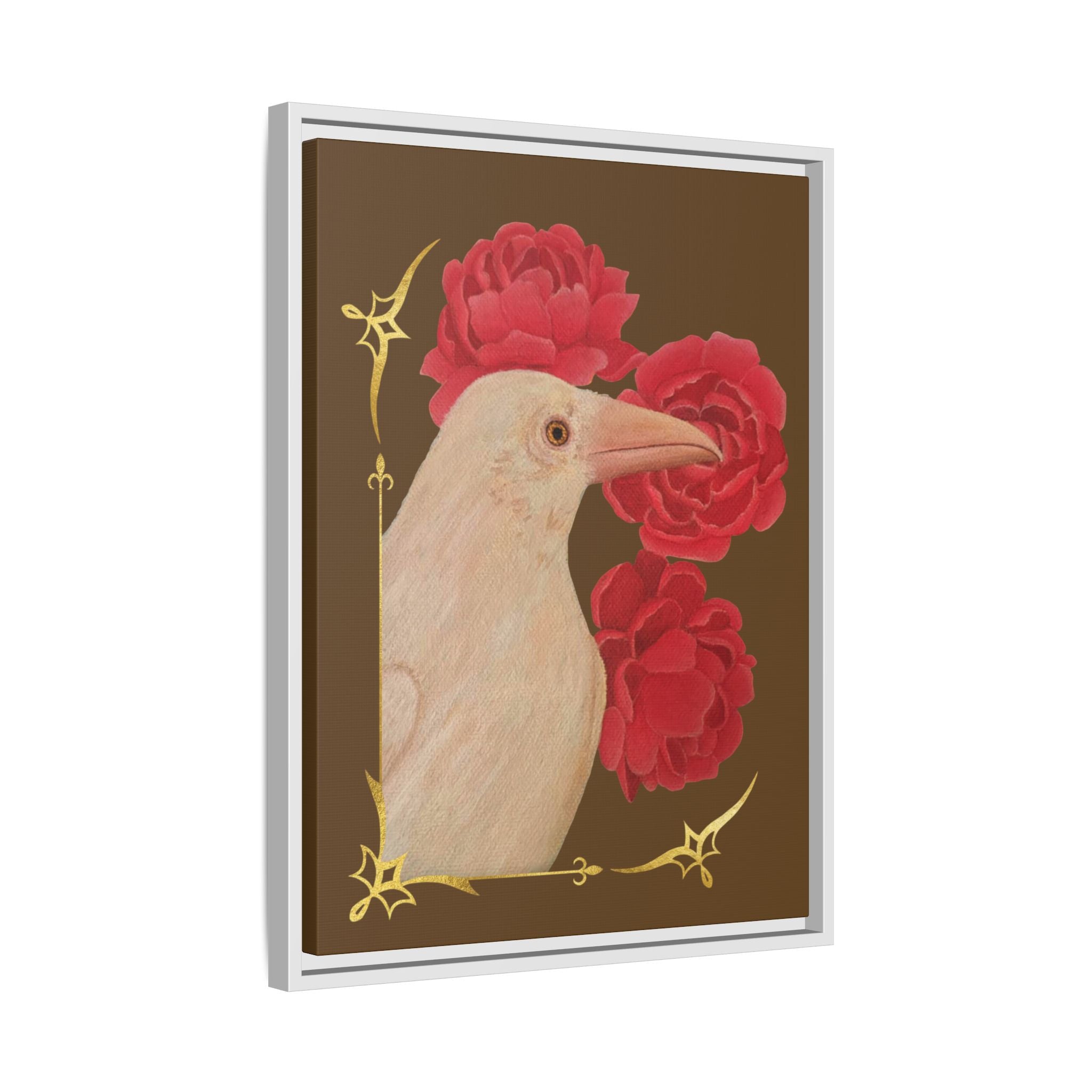 White framed canvas art print featuring a white raven with red peonies blossoms.