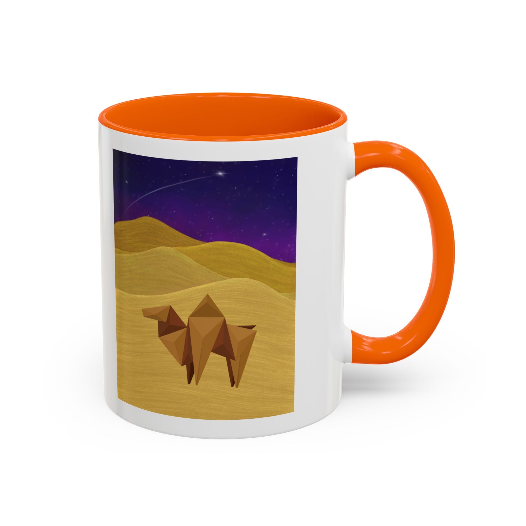 Coffee mug with orange handle and rim, white body, origami camel desert night sky print