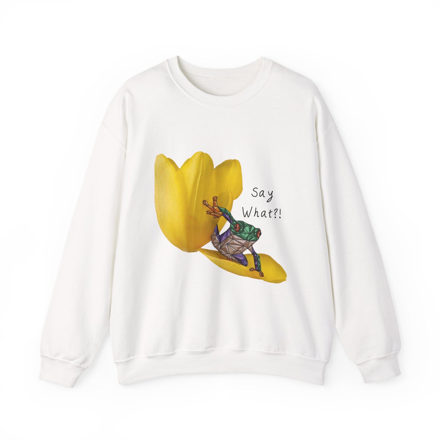 White crewneck sweatshirt with yellow tulip frog graphic and “Say What?!” text
