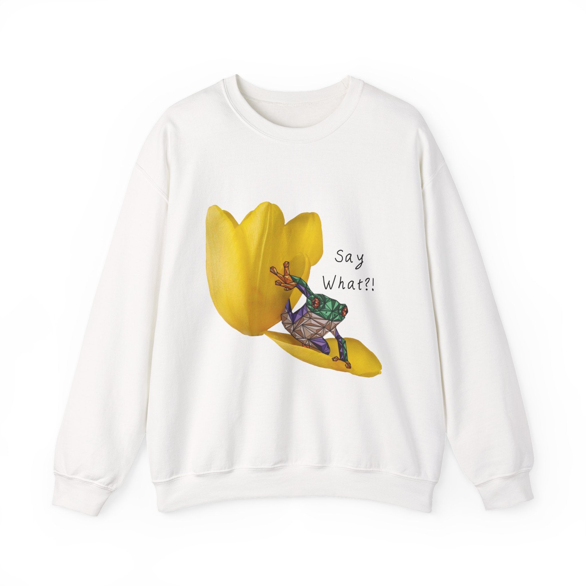White crewneck sweatshirt with yellow tulip frog graphic and “Say What?!” text