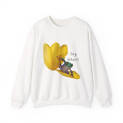 White crewneck sweatshirt with yellow tulip frog graphic and “Say What?!” text