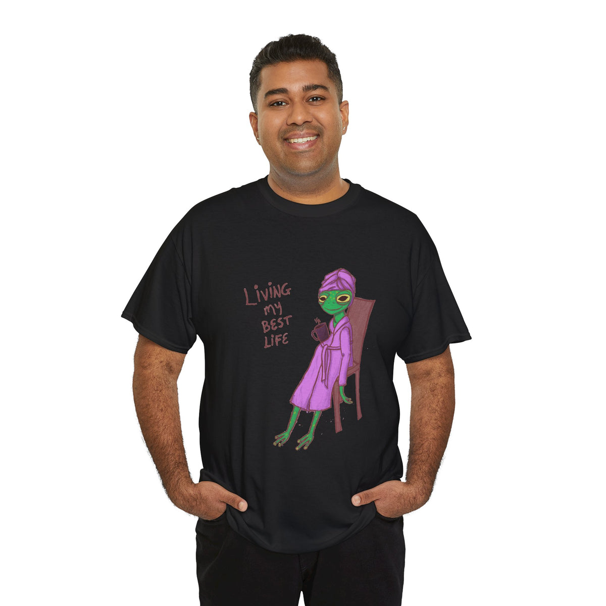 Black graphic t-shirt on model: “Living my Best Life” text with character artwork