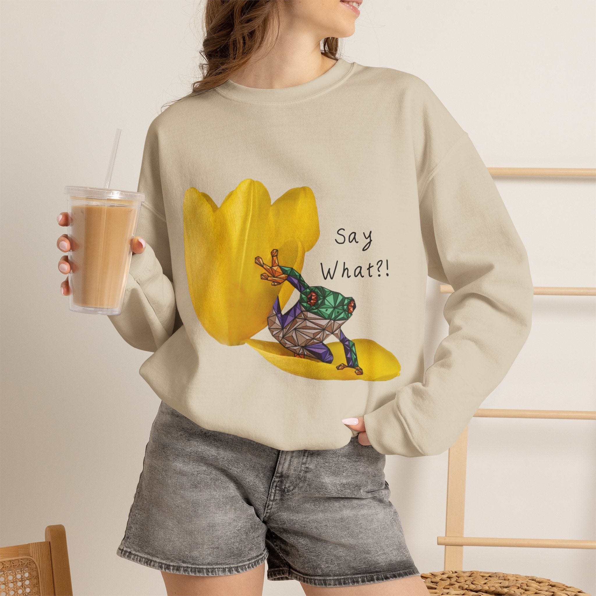 Light beige crewneck sweatshirt with yellow frog tulip graphic and &