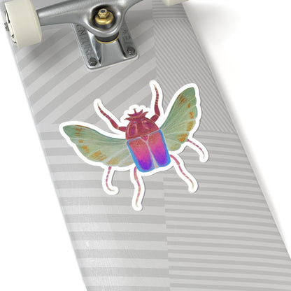 Iridescent beetle kiss-cut sticker with rainbow wings, curled legs, and white outline