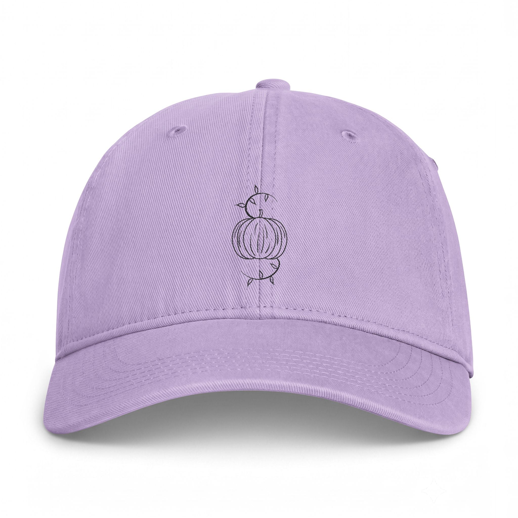 Orchid purple washed baseball cap with embroidered pumpkin graphic and eyelets