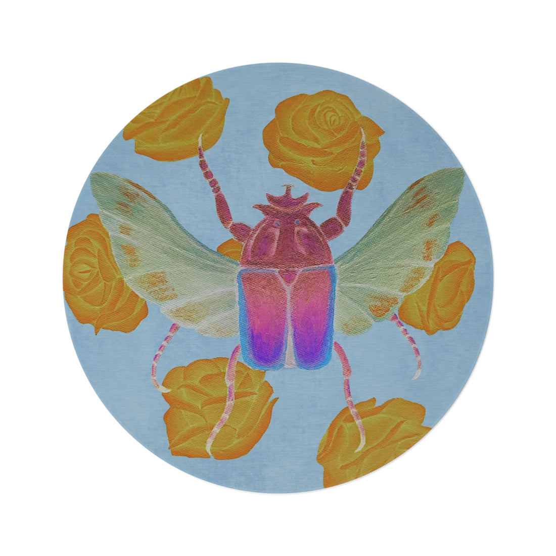 Round area rug close-up of colorful scarab beetle with yellow rose petals