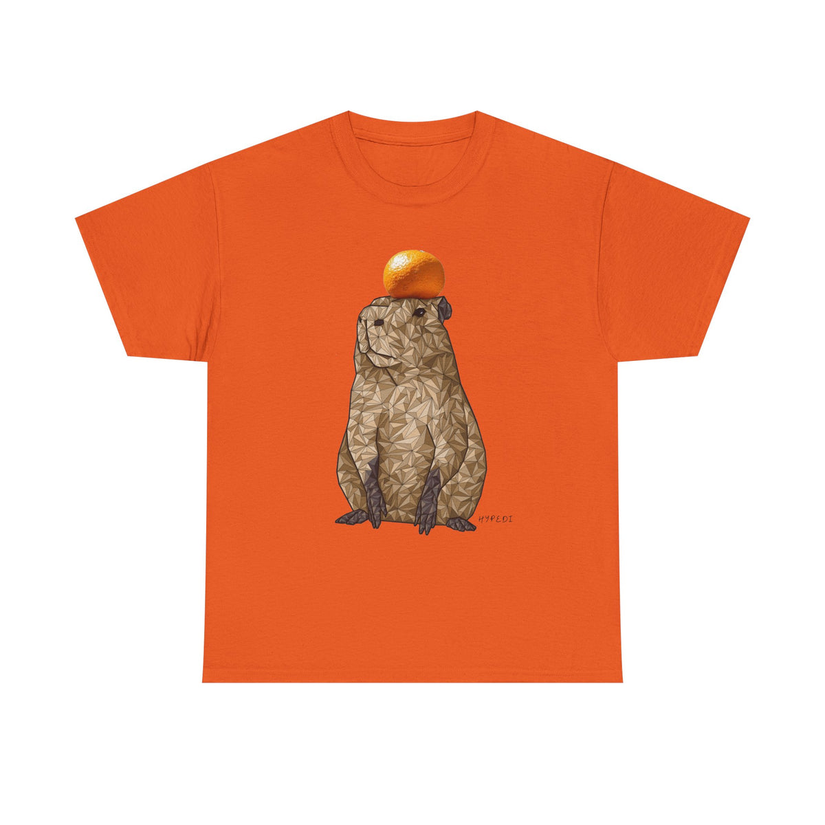 Orange unisex T-shirt with capybara holding an orange graphic on front