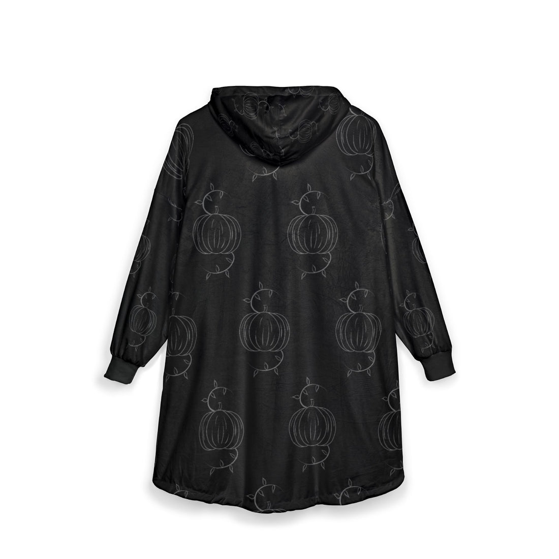 Black hooded blanket with allover pumpkin motif, rear view