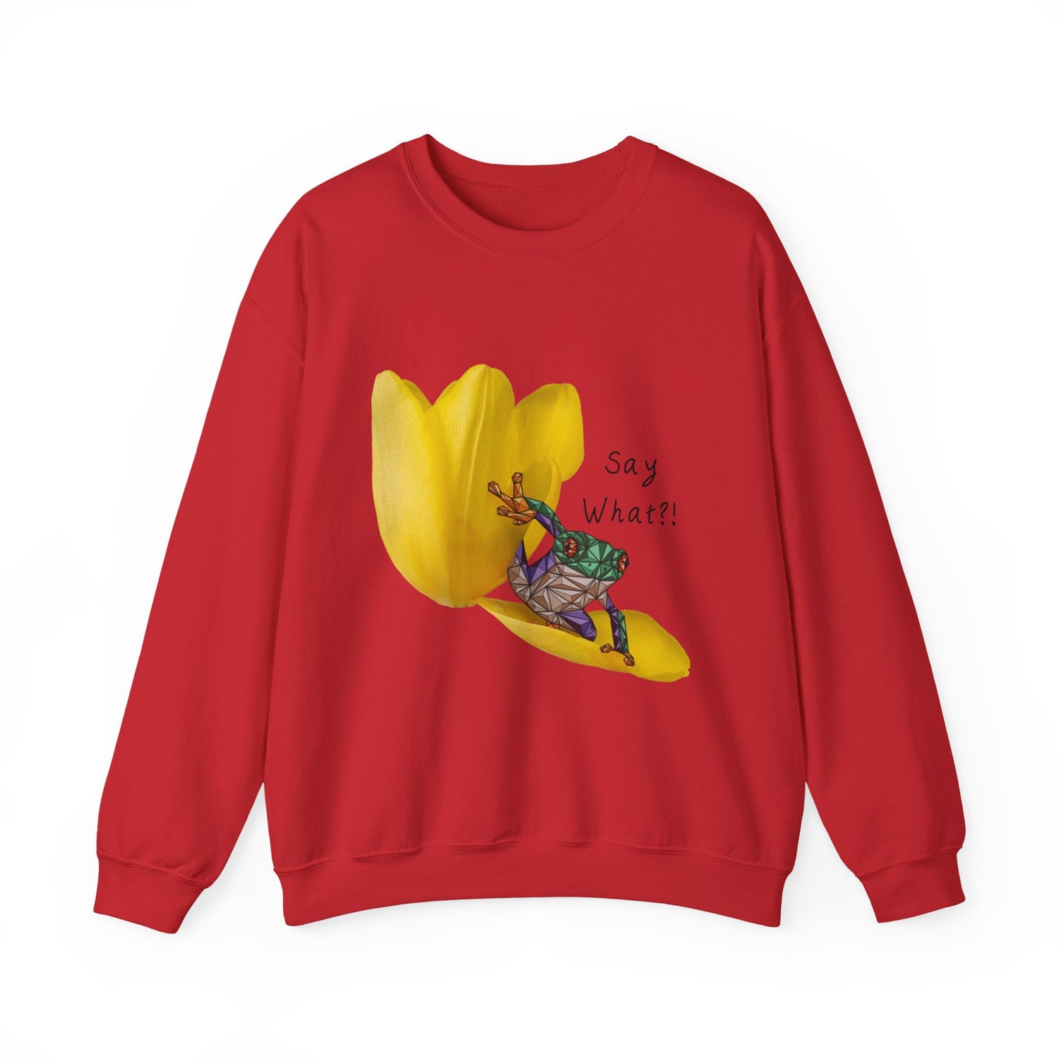 Red crewneck sweatshirt with yellow tulip frog graphic and “Say What?!” text