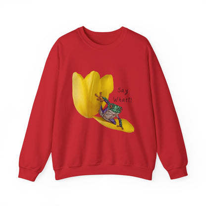 Red crewneck sweatshirt with yellow tulip frog graphic and “Say What?!” text