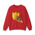 Red crewneck sweatshirt with yellow tulip frog graphic and “Say What?!” text