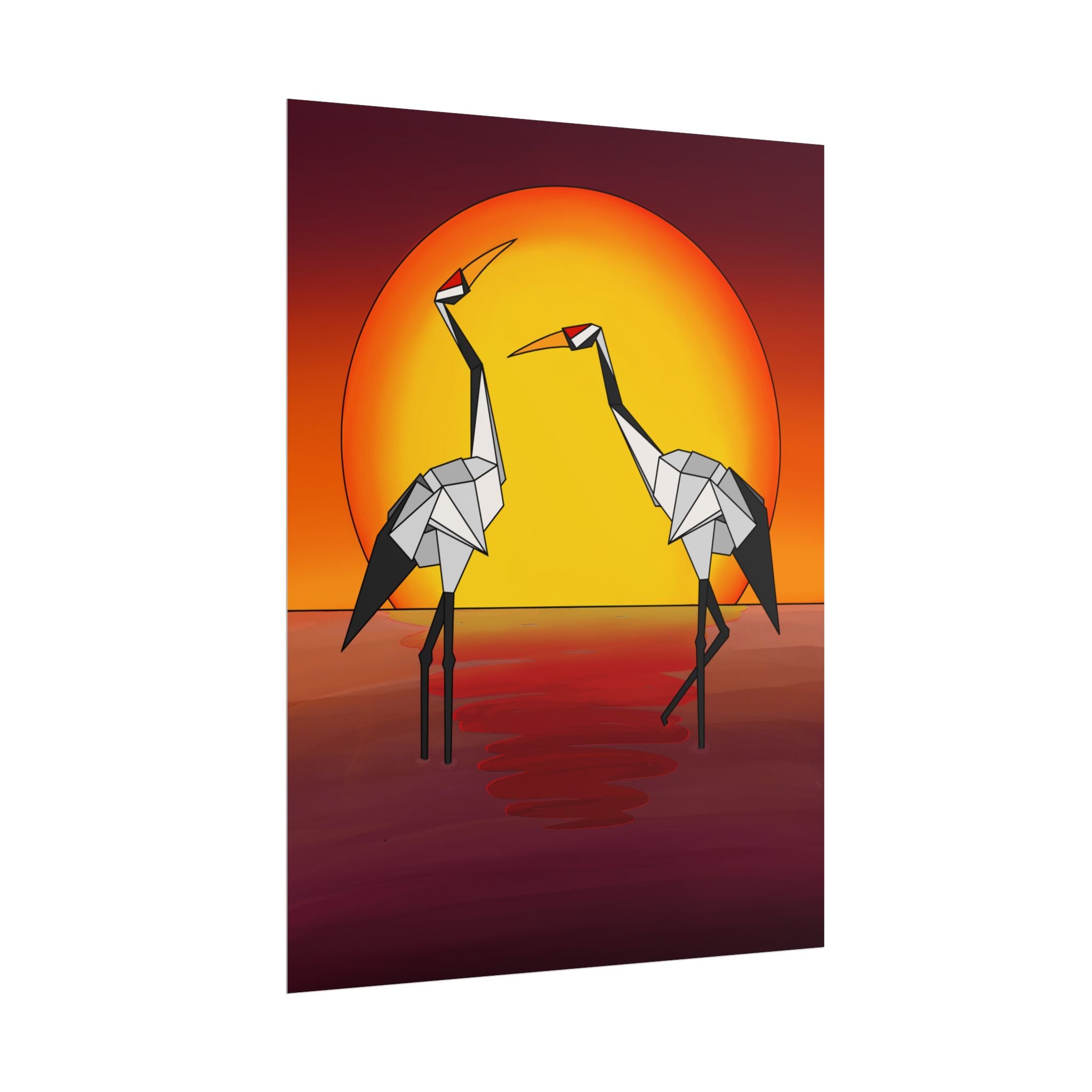 Full view sunset origami crane poster with two yellow birds and red water reflection