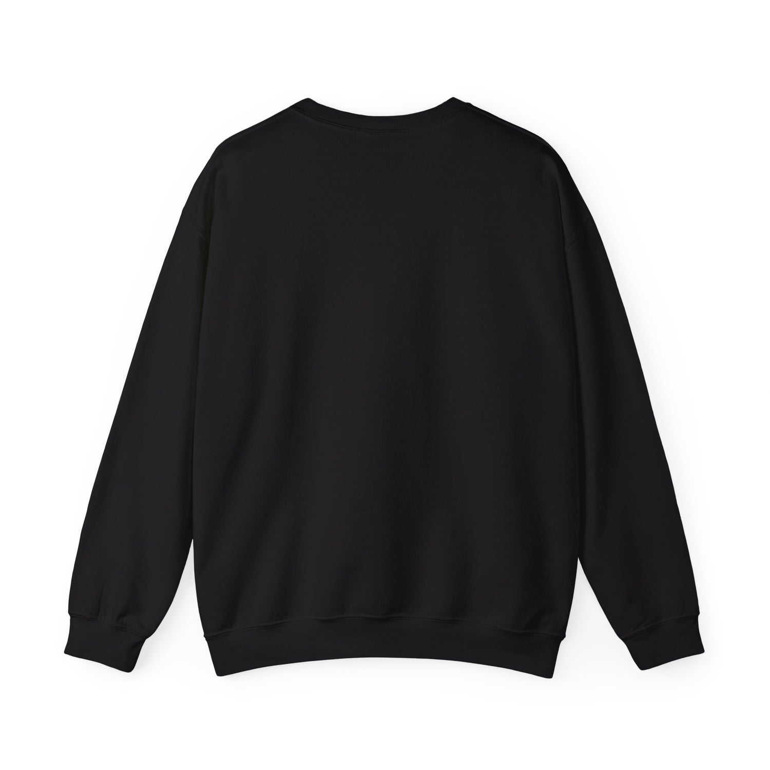 Black crewneck sweatshirt with ribbed cuffs and hem, back view.