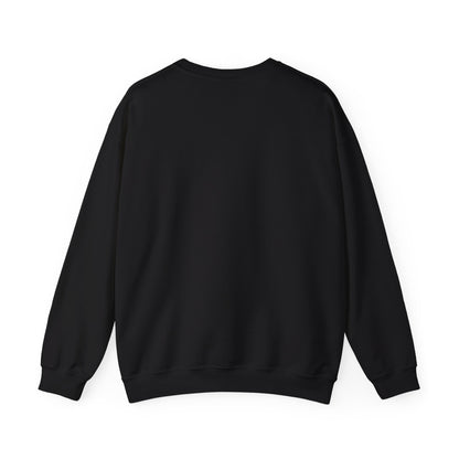 Black crewneck sweatshirt with ribbed cuffs and hem, back view.