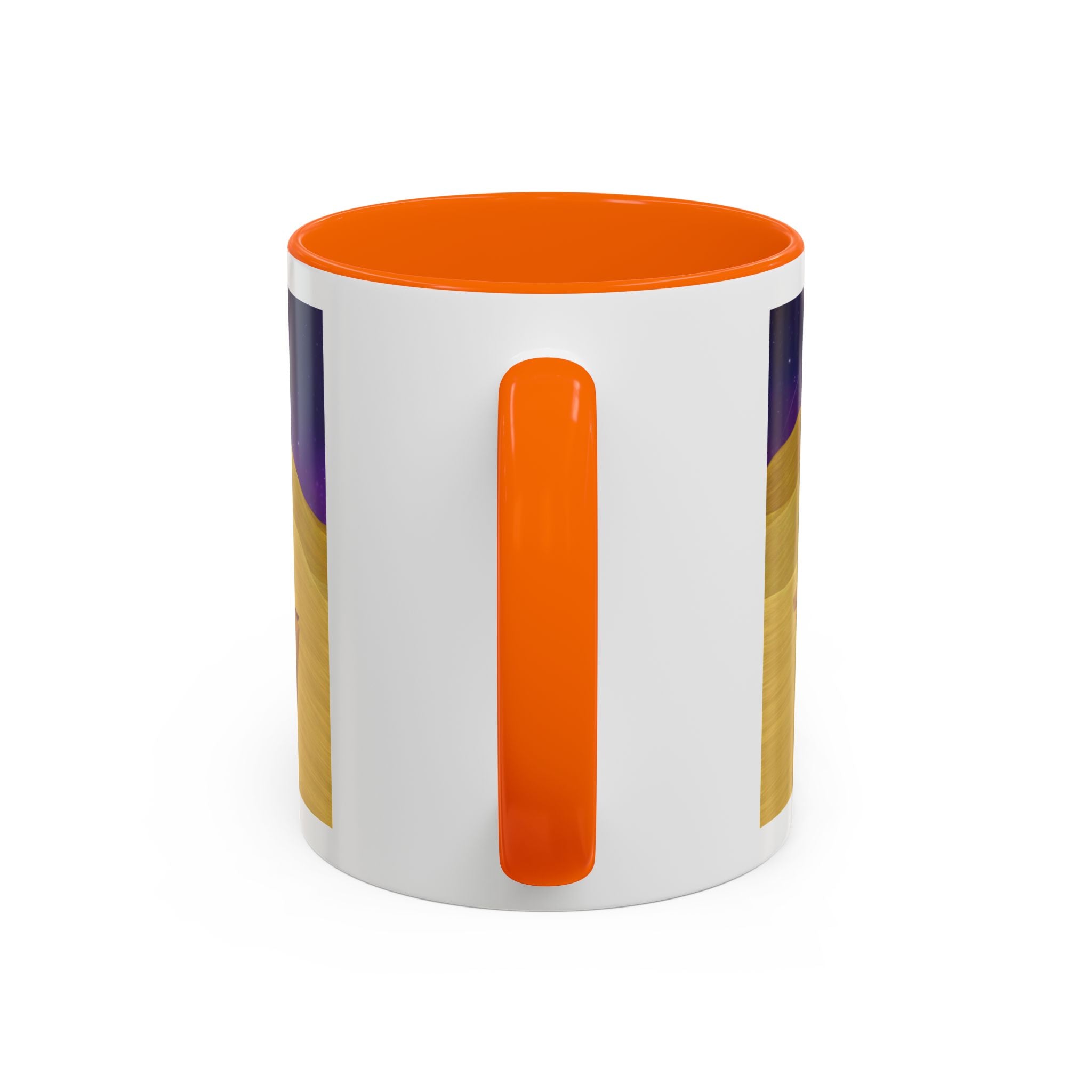 Coffee mug with orange handle and rim, white body, vertical orange stripe graphic on side