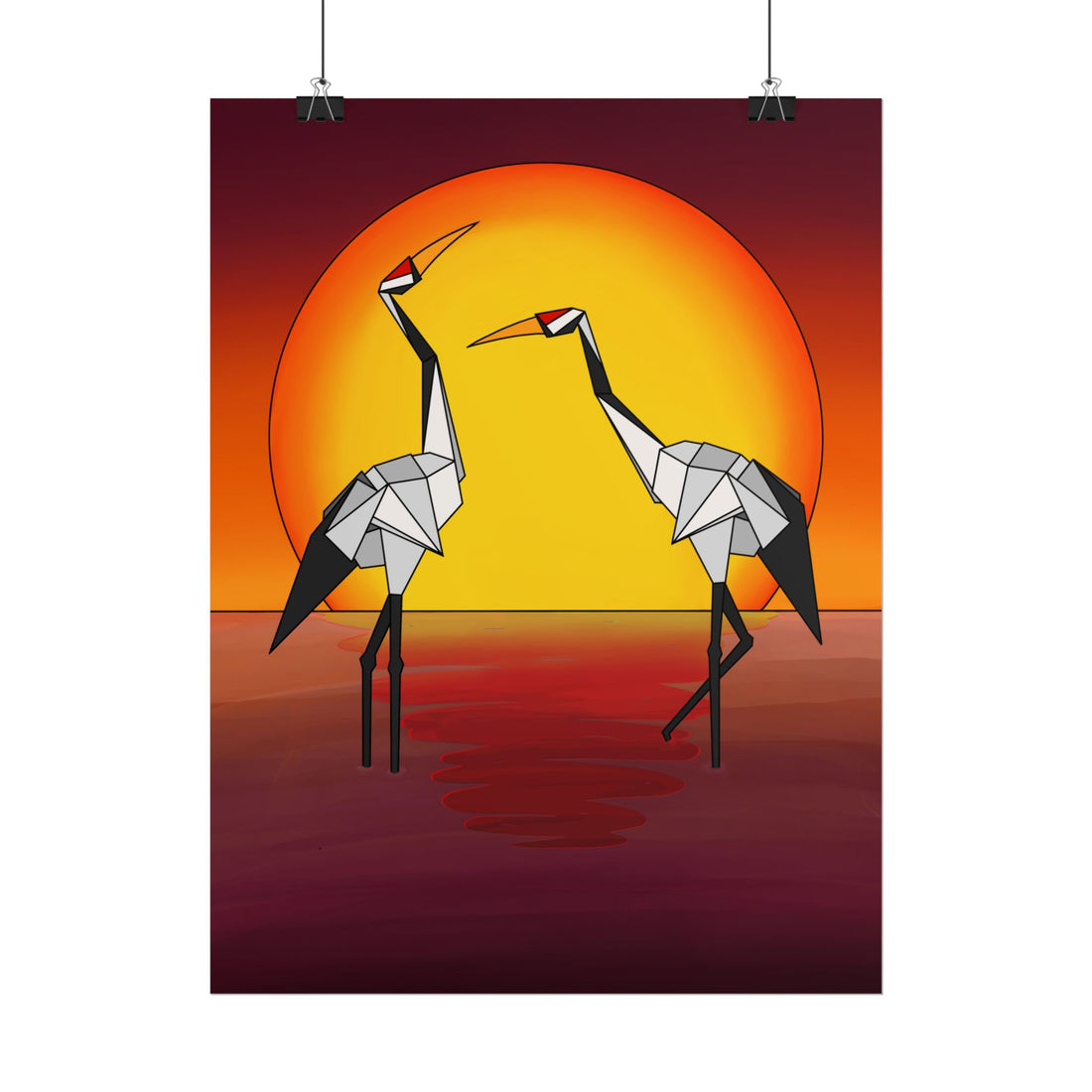 Origami cranes sunset poster with two yellow cranes beneath a glowing orange sun