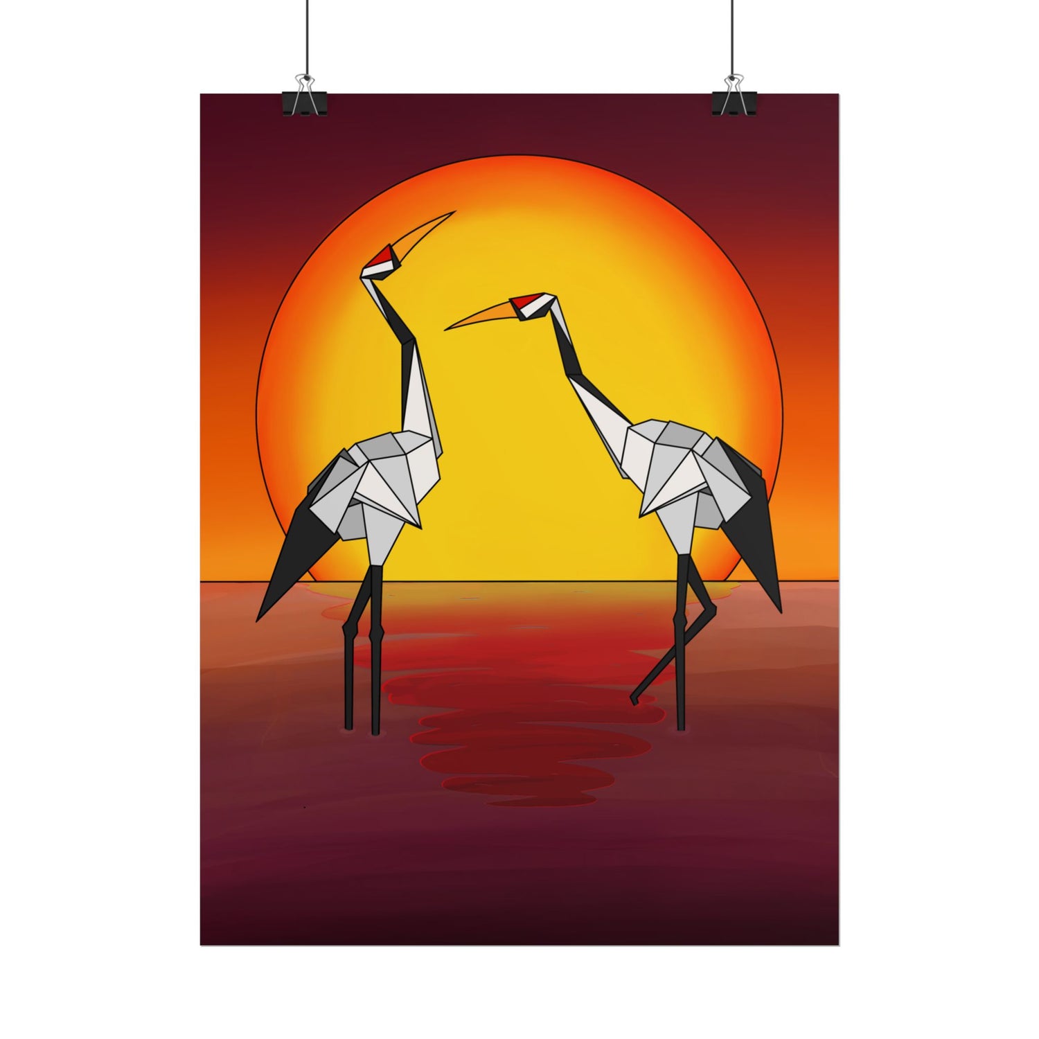 Origami cranes sunset poster with two yellow cranes beneath a glowing orange sun
