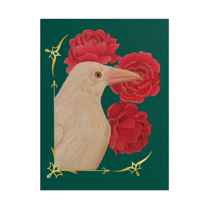 Ivory raven portrait with red peony blooms and gold filigree poster