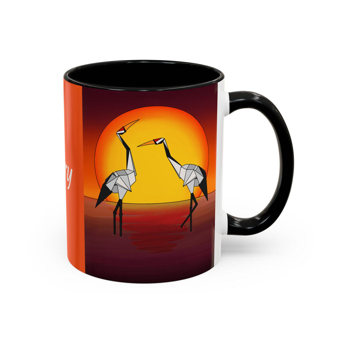 Orange coffee mug with black rim and handle, origami crane artwork with sunset scene